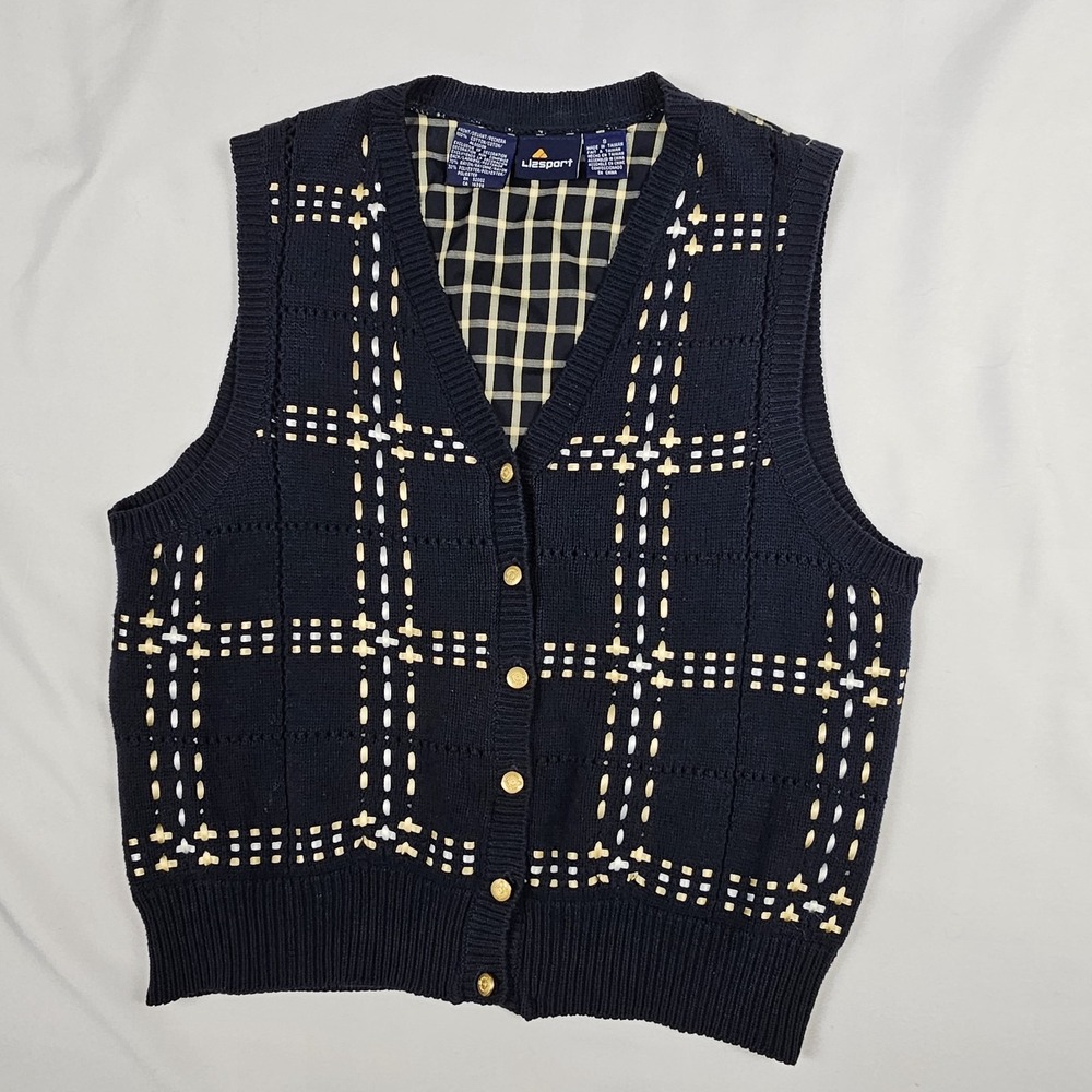 Vtg Liz Sport Blue Knit Sweater Vest Plaid Back Womens S Gold‎ Buttons